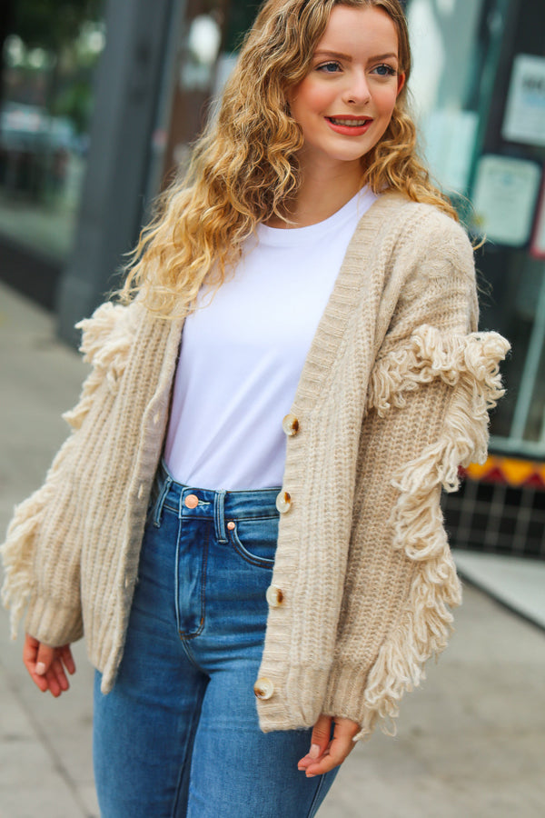 Weekend Ready Oatmeal V Neck Fringe Chunky Cable Cardigan - Coeur de la Mode