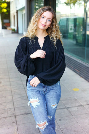 Boho Vibes Black Notched Neck Smocked Bubble Sleeve Top - Coeur de la Mode