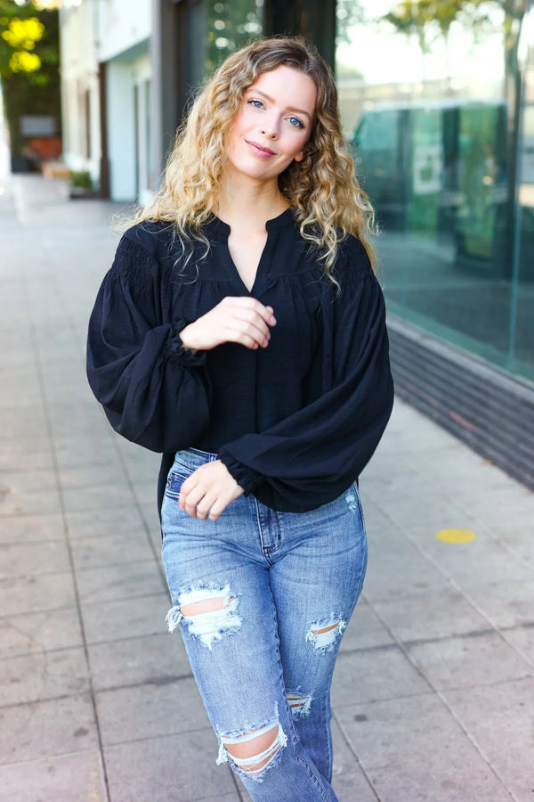 Boho Vibes Black Notched Neck Smocked Bubble Sleeve Top - Coeur de la Mode