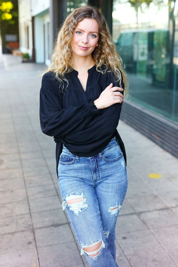 Boho Vibes Black Notched Neck Smocked Bubble Sleeve Top - Coeur de la Mode