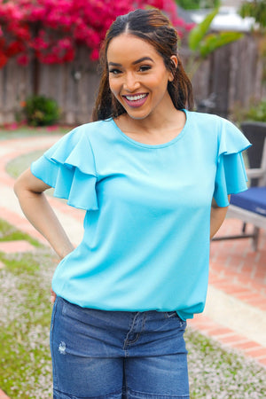 Lovely In Blue Tiered Double Ruffle Sleeve Woven Top - Coeur de la Mode
