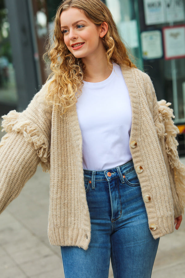 Weekend Ready Oatmeal V Neck Fringe Chunky Cable Cardigan - Coeur de la Mode