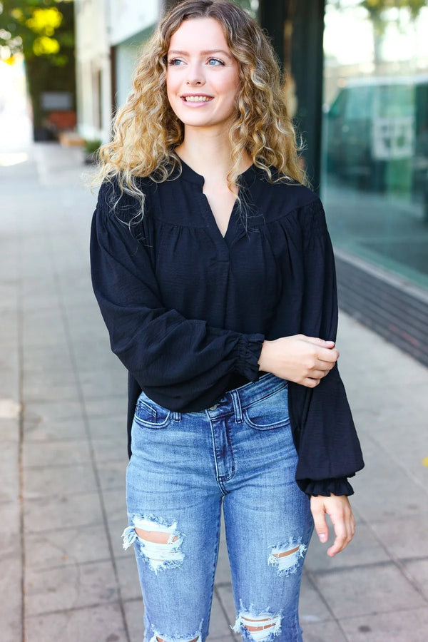 Boho Vibes Black Notched Neck Smocked Bubble Sleeve Top - Coeur de la Mode