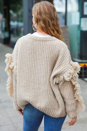 Weekend Ready Oatmeal V Neck Fringe Chunky Cable Cardigan - Coeur de la Mode