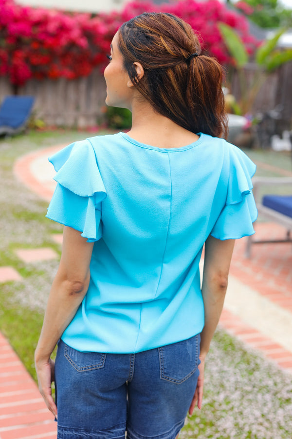 Lovely In Blue Tiered Double Ruffle Sleeve Woven Top - Coeur de la Mode