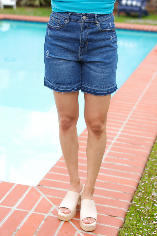 Indigo Blue High Rise Release Hem Distressed Jean Shorts - Coeur de la Mode