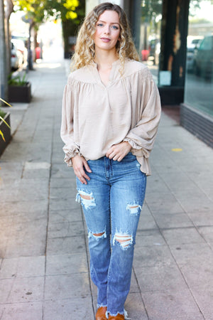 Boho Vibes Taupe Notched Neck Smocked Bubble Sleeve Top - Coeur de la Mode
