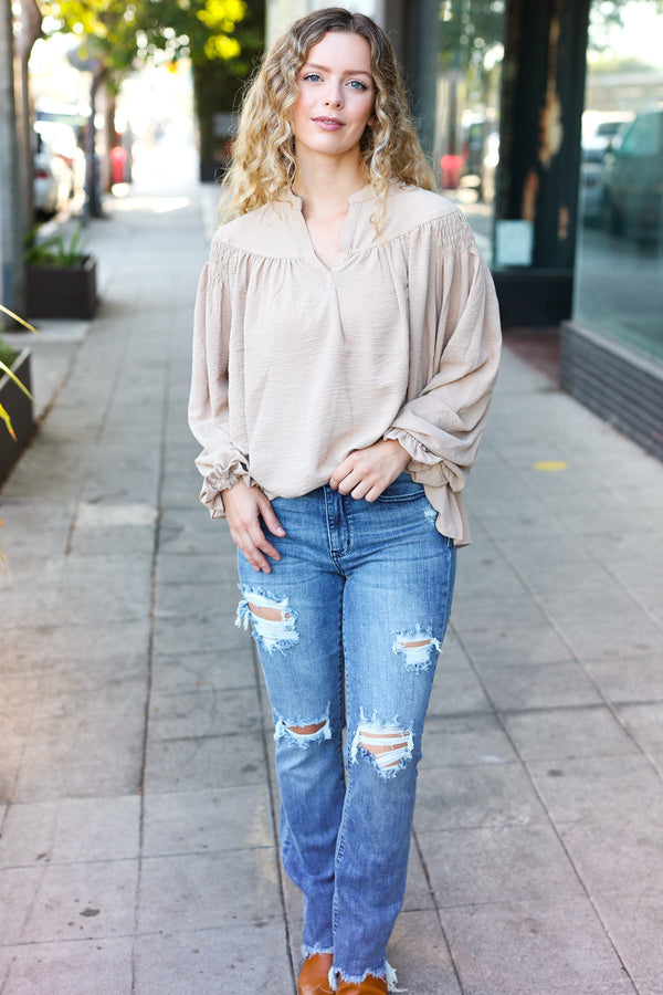 Boho Vibes Taupe Notched Neck Smocked Bubble Sleeve Top - Coeur de la Mode