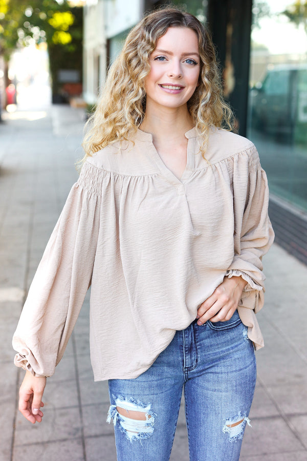 Boho Vibes Taupe Notched Neck Smocked Bubble Sleeve Top - Coeur de la Mode