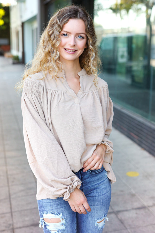 Boho Vibes Taupe Notched Neck Smocked Bubble Sleeve Top - Coeur de la Mode