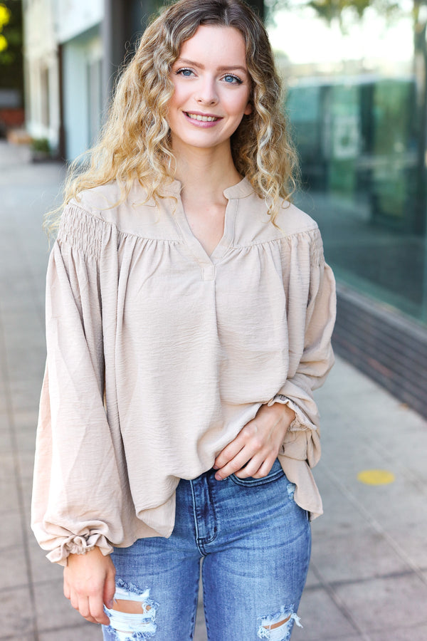 Boho Vibes Taupe Notched Neck Smocked Bubble Sleeve Top - Coeur de la Mode