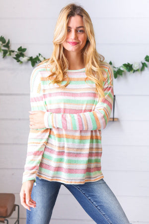 Green Apple & Tangerine Textured Vintage Stripe Top - Coeur de la Mode