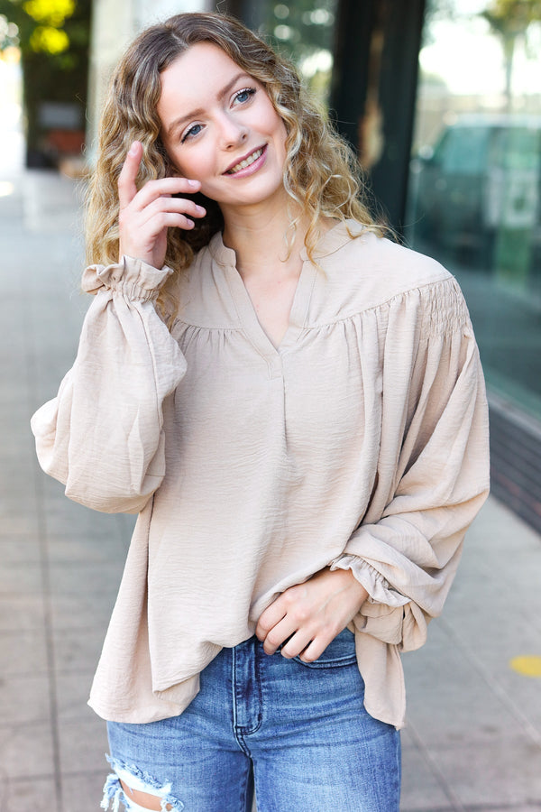 Boho Vibes Taupe Notched Neck Smocked Bubble Sleeve Top - Coeur de la Mode