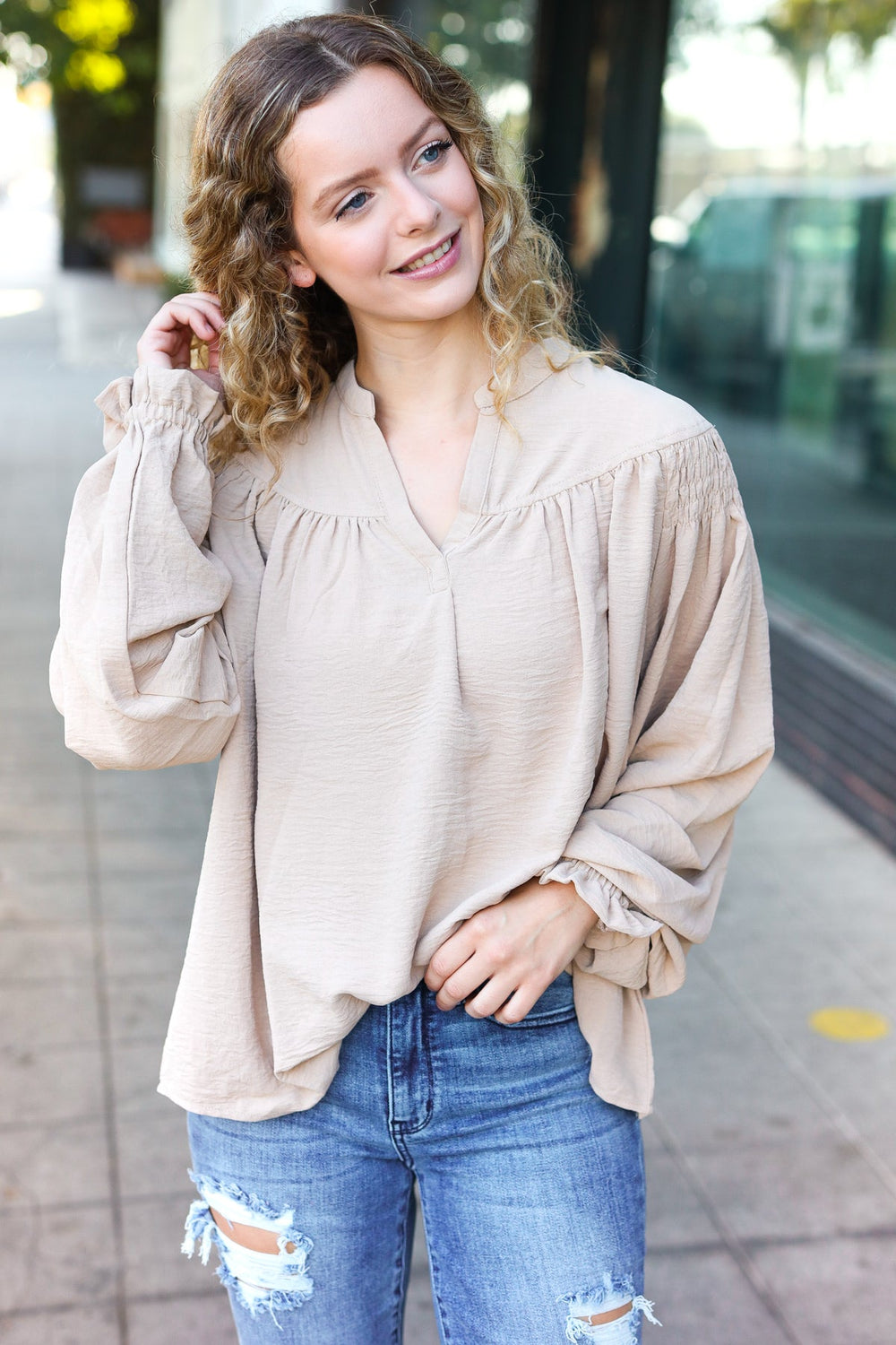 Boho Vibes Taupe Notched Neck Smocked Bubble Sleeve Top - Coeur de la Mode