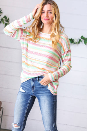 Green Apple & Tangerine Textured Vintage Stripe Top - Coeur de la Mode