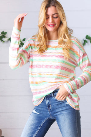 Green Apple & Tangerine Textured Vintage Stripe Top - Coeur de la Mode