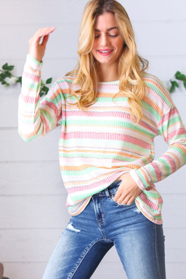 Green Apple & Tangerine Textured Vintage Stripe Top - Coeur de la Mode
