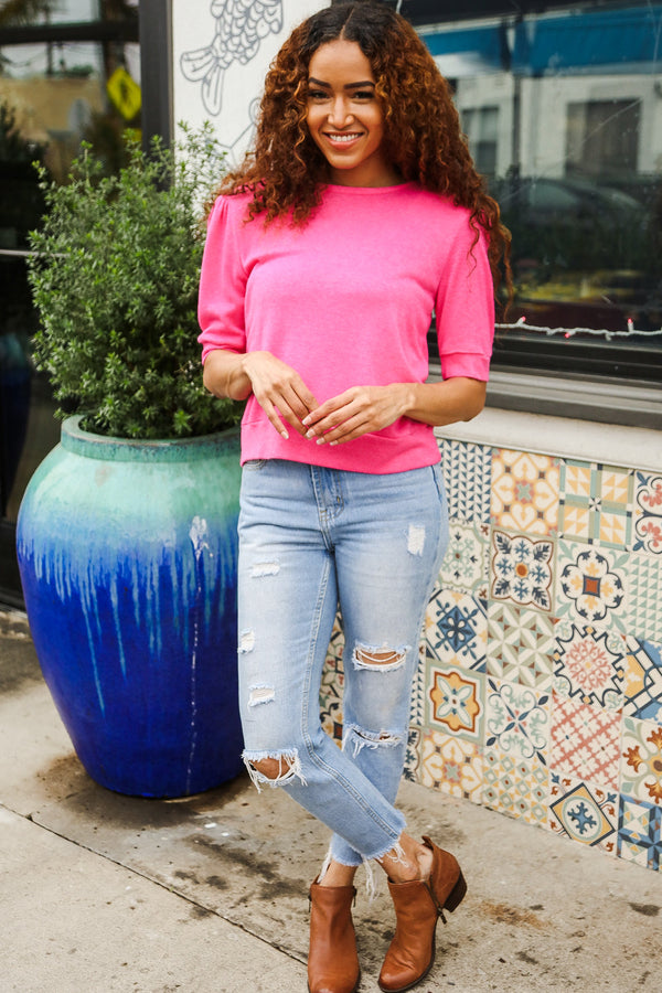 Pretty In Pink Mock Neck With Back Ribbon Bow Tie Sweater Top - Coeur de la Mode