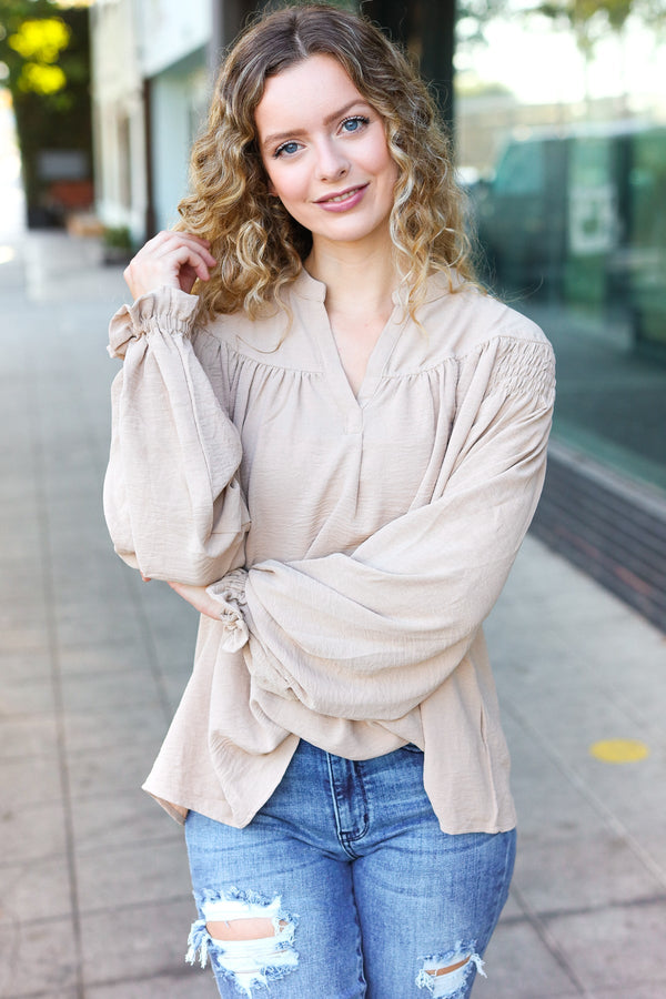 Boho Vibes Taupe Notched Neck Smocked Bubble Sleeve Top - Coeur de la Mode