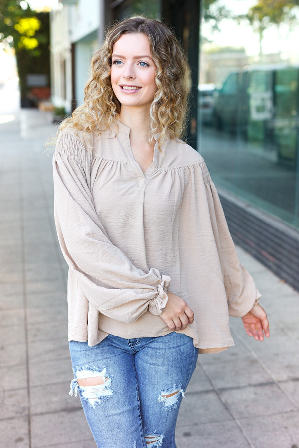 Boho Vibes Taupe Notched Neck Smocked Bubble Sleeve Top - Coeur de la Mode