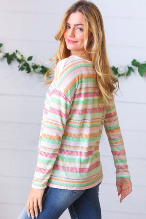 Green Apple & Tangerine Textured Vintage Stripe Top - Coeur de la Mode