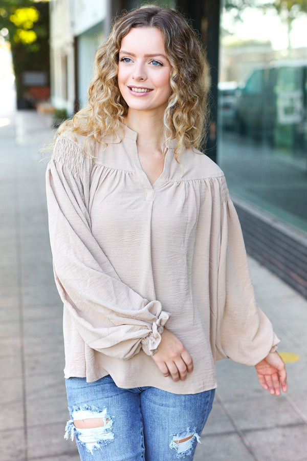 Boho Vibes Taupe Notched Neck Smocked Bubble Sleeve Top - Coeur de la Mode