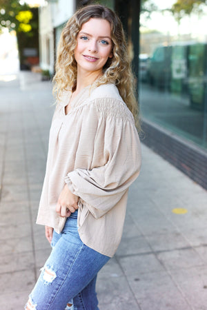 Boho Vibes Taupe Notched Neck Smocked Bubble Sleeve Top - Coeur de la Mode