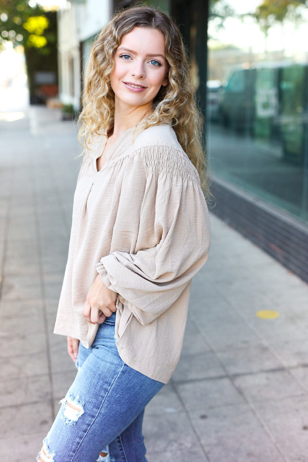 Boho Vibes Taupe Notched Neck Smocked Bubble Sleeve Top - Coeur de la Mode