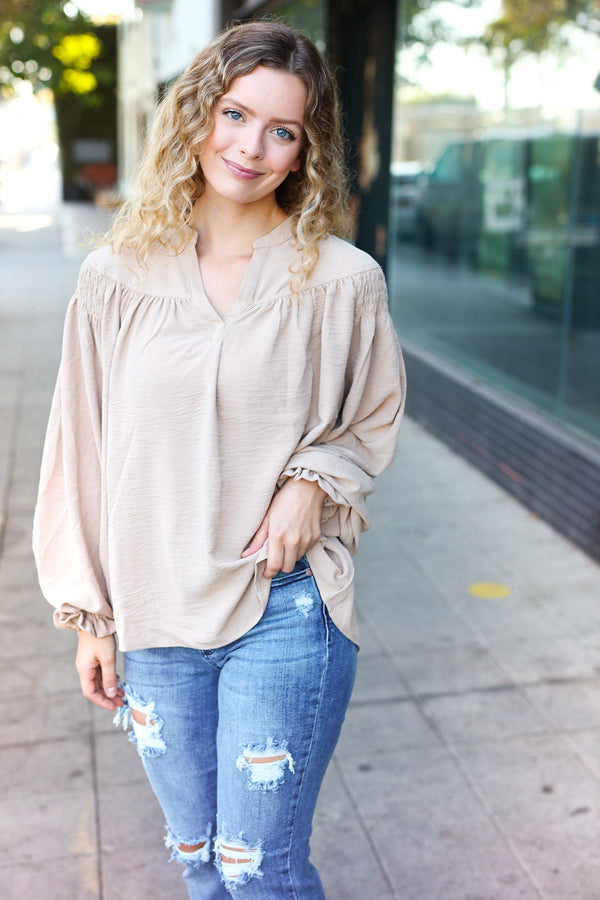 Boho Vibes Taupe Notched Neck Smocked Bubble Sleeve Top - Coeur de la Mode