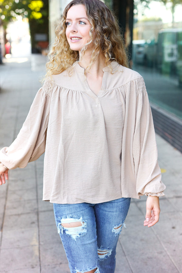 Boho Vibes Taupe Notched Neck Smocked Bubble Sleeve Top - Coeur de la Mode