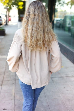 Boho Vibes Taupe Notched Neck Smocked Bubble Sleeve Top - Coeur de la Mode