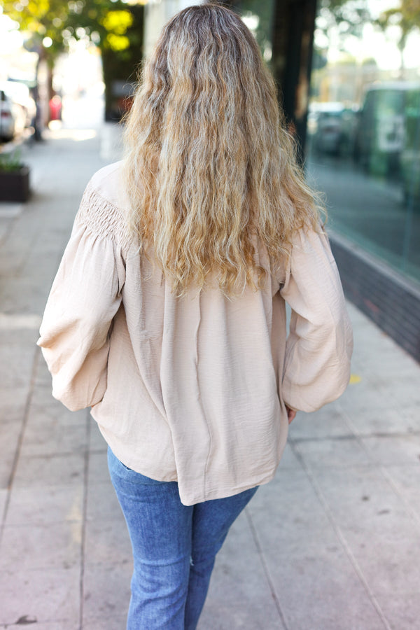 Boho Vibes Taupe Notched Neck Smocked Bubble Sleeve Top - Coeur de la Mode
