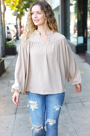 Boho Vibes Taupe Notched Neck Smocked Bubble Sleeve Top - Coeur de la Mode