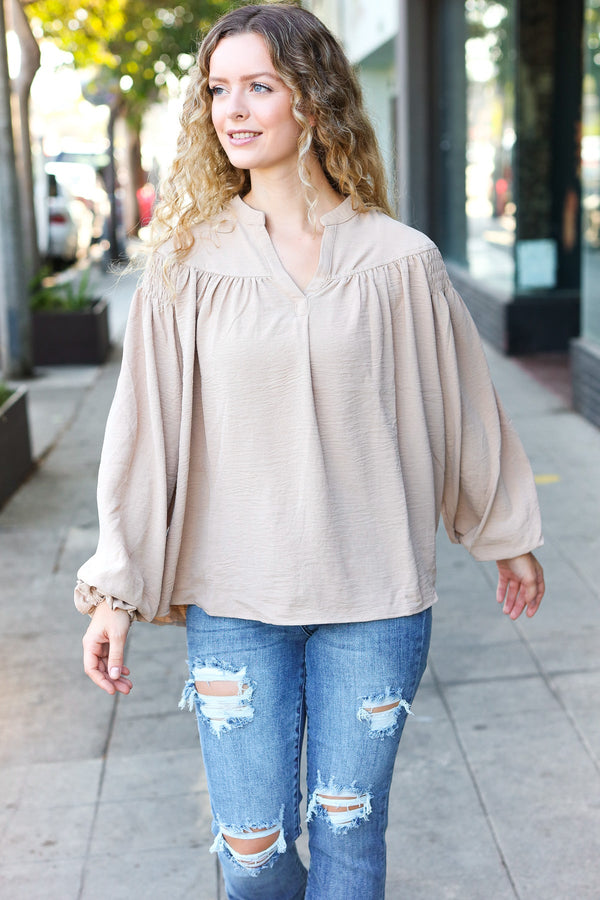 Boho Vibes Taupe Notched Neck Smocked Bubble Sleeve Top - Coeur de la Mode