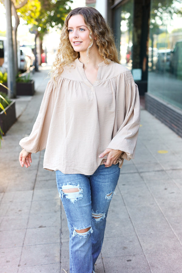 Boho Vibes Taupe Notched Neck Smocked Bubble Sleeve Top - Coeur de la Mode