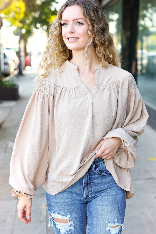 Boho Vibes Taupe Notched Neck Smocked Bubble Sleeve Top - Coeur de la Mode