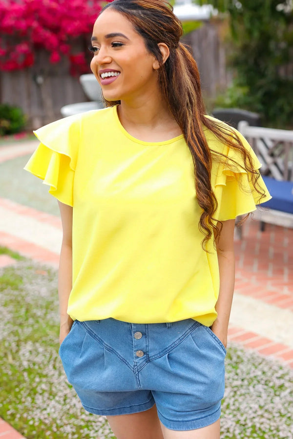 Lovely In Yellow Tiered Double Ruffle Sleeve Woven Top - Coeur de la Mode