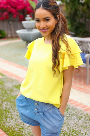 Lovely In Yellow Tiered Double Ruffle Sleeve Woven Top - Coeur de la Mode