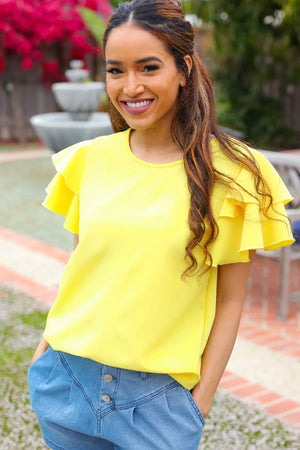 Lovely In Yellow Tiered Double Ruffle Sleeve Woven Top - Coeur de la Mode
