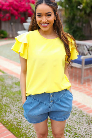 Lovely In Yellow Tiered Double Ruffle Sleeve Woven Top - Coeur de la Mode