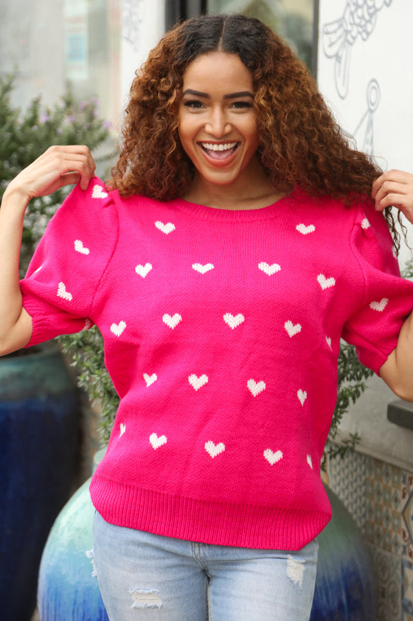 Be Mine Pink & White Heart Oversized Jacquard Sweater - Coeur de la Mode