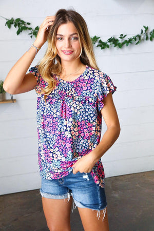 Navy Floral Print Frilled Short Sleeve Yoke Top - Coeur de la Mode