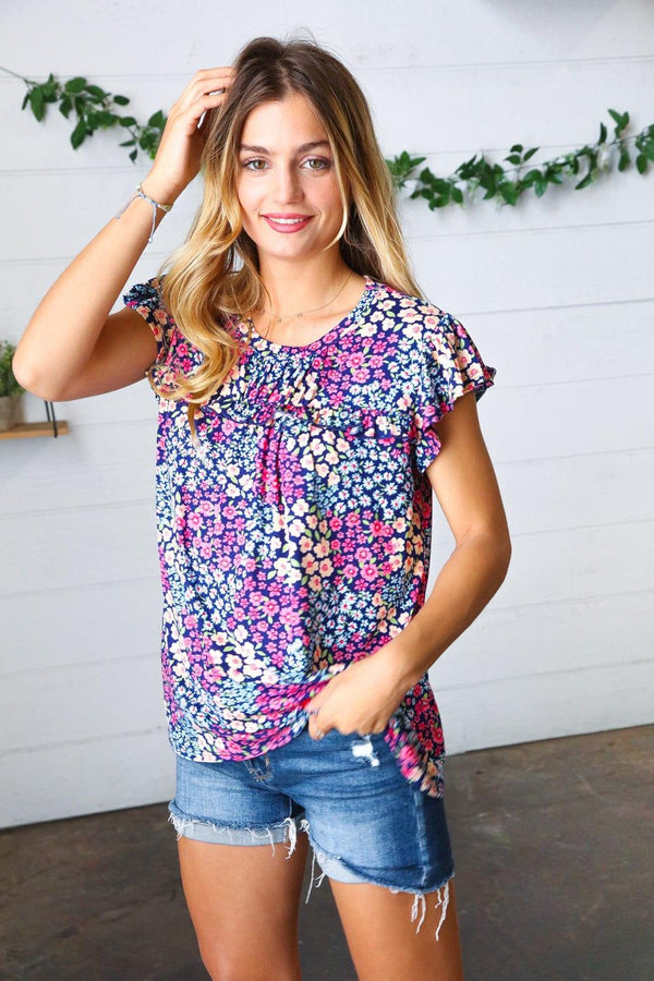 Navy Floral Print Frilled Short Sleeve Yoke Top - Coeur de la Mode