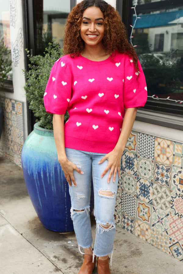 Be Mine Pink & White Heart Oversized Jacquard Sweater - Coeur de la Mode