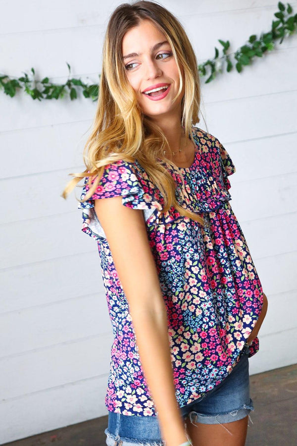 Navy Floral Print Frilled Short Sleeve Yoke Top - Coeur de la Mode
