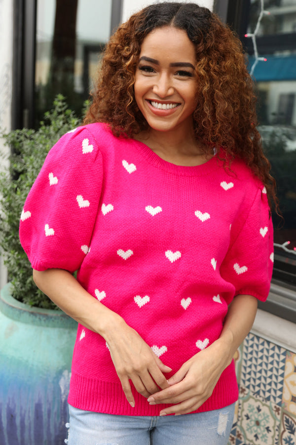 Be Mine Pink & White Heart Oversized Jacquard Sweater - Coeur de la Mode