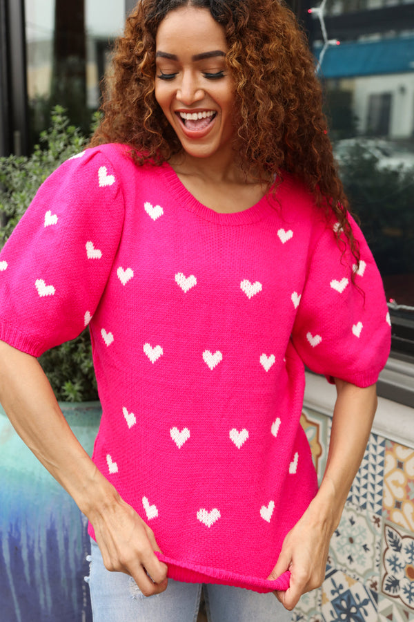 Be Mine Pink & White Heart Oversized Jacquard Sweater - Coeur de la Mode