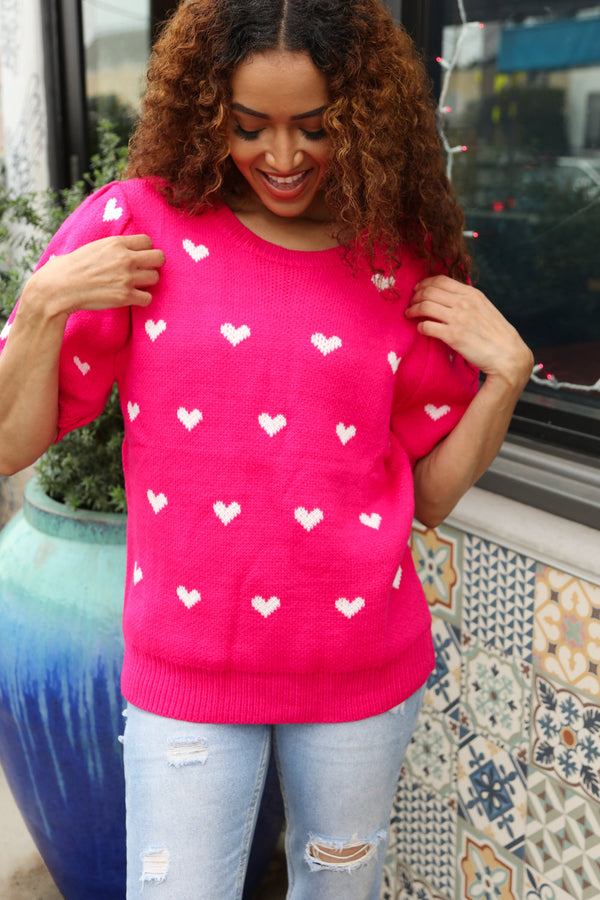 Be Mine Pink & White Heart Oversized Jacquard Sweater - Coeur de la Mode