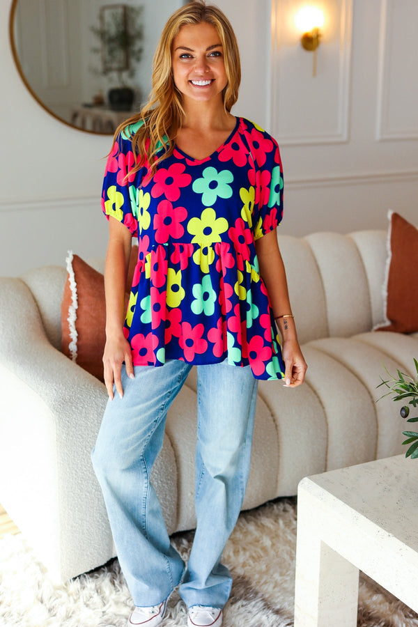 Sunny Days Navy Flat Floral Bubble Sleeve Babydoll Top - Coeur de la Mode
