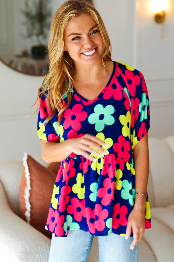 Sunny Days Navy Flat Floral Bubble Sleeve Babydoll Top - Coeur de la Mode